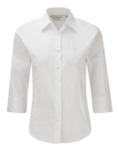 Russell Collection J946F - Camicia da donna aderente con manica  ¾ easycare. Bianco