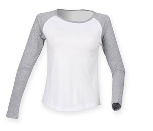 SF Women SK271 - T-shirt da baseball a maniche lunghe da donna White / Heather Grey