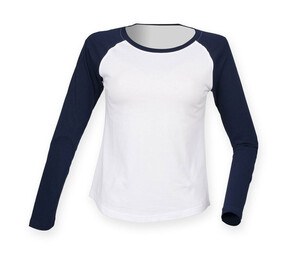 SF Women SK271 - T-shirt da baseball a maniche lunghe da donna White/ Oxford Navy