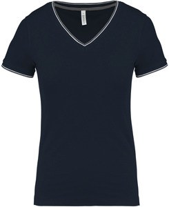 Kariban K394 - T-shirt piqué donna scollo a V Navy/ Light Grey/ White
